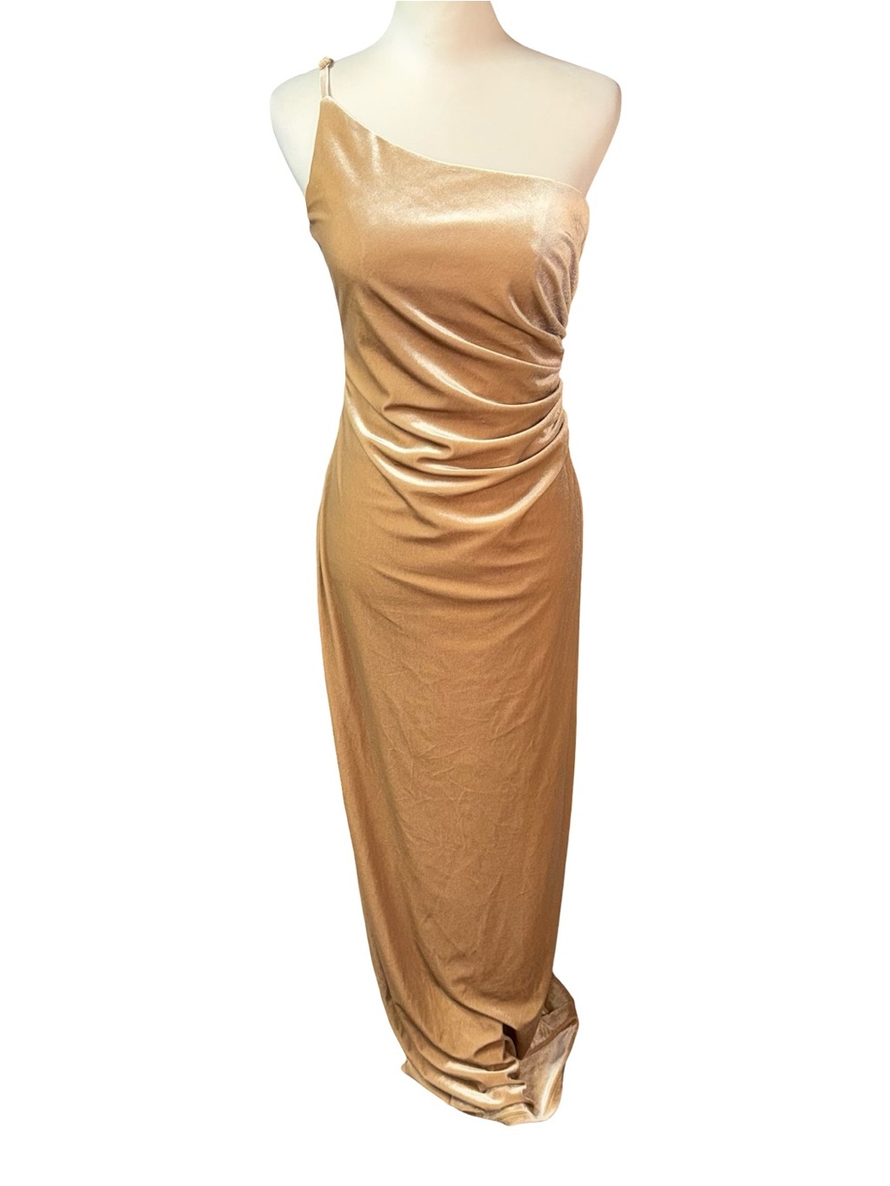 Revelry Jade Velvet One Shoulder Maxi Dress Gold Champagne Sz 4